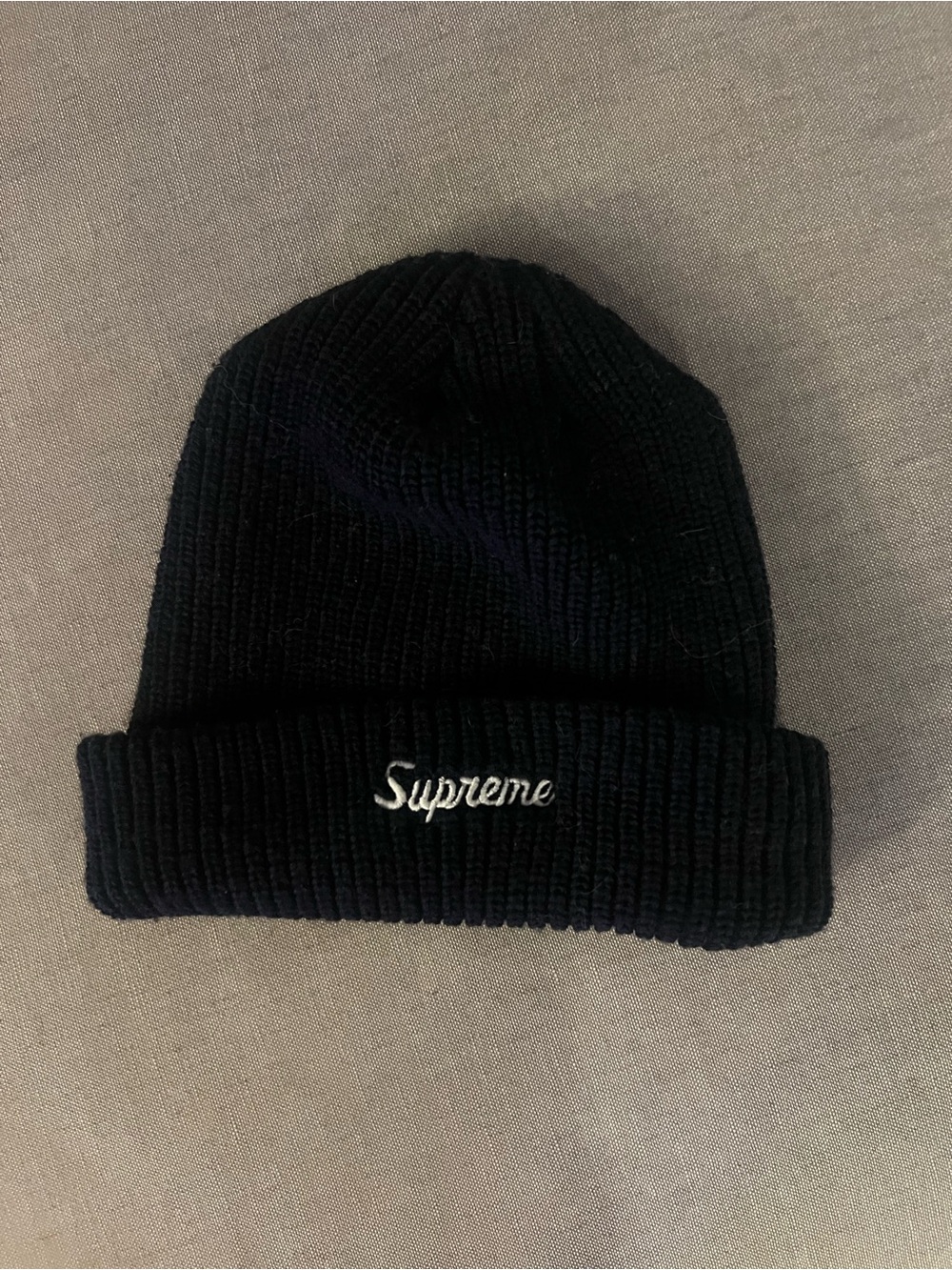 Supreme Black Ribbed Beanie with White Script Logo